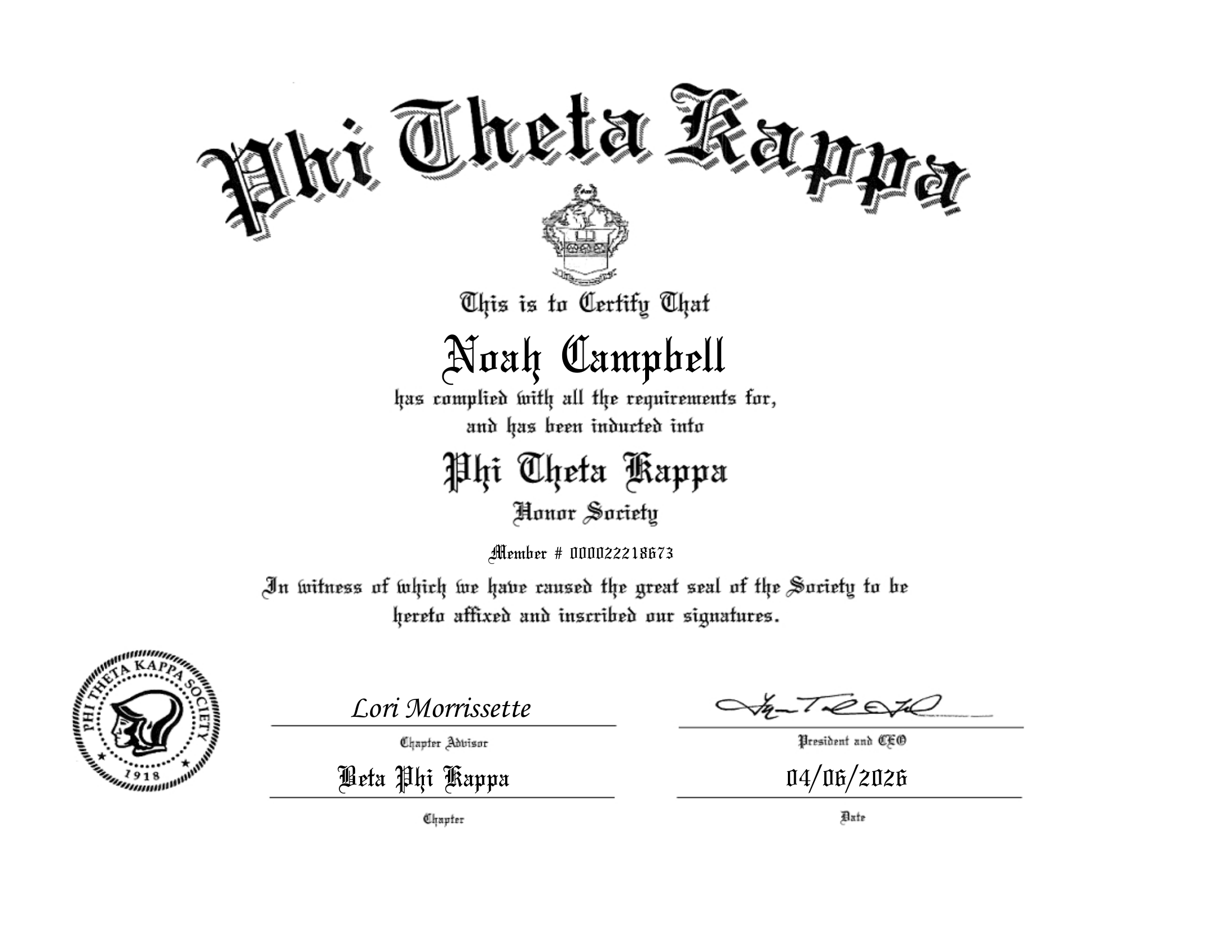 Phi Theta Kappa cert